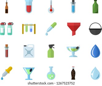 Color flat icon set cauldron flat vector, temperature, sauce, lemonade, cocktail, pulverizer, canister, glass bottles, funnel, pipette, blood test, ampoule, flask, beakers, fector, drop