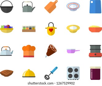 Color flat icon set cauldron flat vector, saute, teapot, cook hat, apron, whisk, cutting board, electric stove, double boiler, spice, dish, salad, porridge, ham, chop, jam