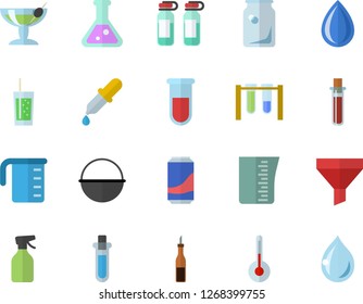 Color flat icon set cauldron flat vector, meashuring cup, temperature, sauce, lemonade, soda, pulverizer, glass bottles, funnel, pipette, blood test, ampoule, flask, beakers, cocktail fector, drop