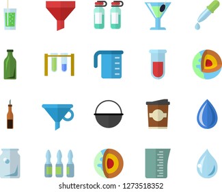 Color flat icon set cauldron flat vector, meashuring cup, sauce, cocktail, soda, coffe, glass bottles, funnel, pipette, blood test, ampoule, beakers, core of the earth fector, drop