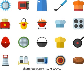 Color flat icon set cauldron flat vector, teflon, cook hat, apron, ladle, kitchen egg timer, cutting board, electric stove, induction cooker, gas, microwave, toaster, spice, barbecue, sieve, grater