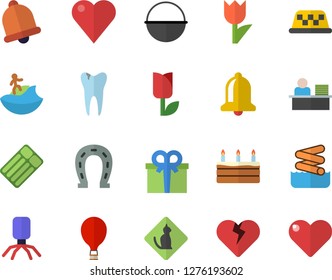Color flat icon set cauldron flat vector, cake, horseshoe, tulip, present, heart, virus, caries, office worker, balloon fector, surfing, aquapark, pets allowed, inflatable mattress, taxi, bell