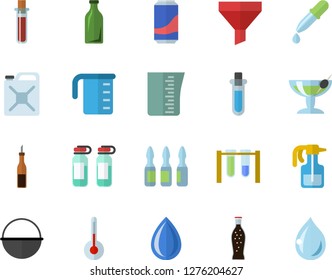 Color flat icon set cauldron flat vector, meashuring cup, temperature, sauce, lemonade, pulverizer, canister, glass bottles, funnel, pipette, blood test, ampoule, beakers, cocktail fector, drop