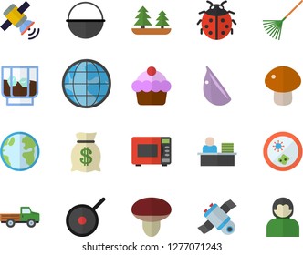Color flat icon set cauldron flat vector, teflon, microwave, cake, mushroom, garlic, whiskey, pickup truck, ladybird, rake, earth, forest, wealth, office worker, satellit, Petri dish, user