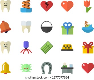 Color flat icon set cauldron flat vector, horseshoe, tulip, present, heart, virus, tooth, caries, dental crowns, office worker, surfing fector, aquapark, inflatable mattress, taxi, bell