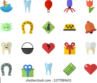 Color flat icon set cauldron flat vector, horseshoe, tulip, present, virus, tooth, caries, dental crowns, balloon fector, surfing, pets allowed, inflatable mattress, taxi, bell, heart