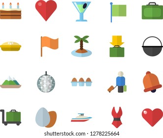 Color flat icon set cauldron flat vector, egg, cake, pie, cocktail, flag, heart, swimsuit, luggage fector, suitcase, get, island, disco ball, trolley, yacht, mountains, bell