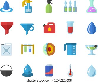 Color flat icon set cauldron flat vector, meashuring cup, temperature, lemonade, pulverizer, drop, canister, funnel, blood test, ampoule, flask, beakers, core of the earth fector, cocktail