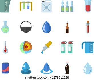 Color flat icon set cauldron flat vector, meashuring cup, temperature, sauce, lemonade, drop, canister, pipette, blood test, ampoule, flask, beakers, core of the earth fector