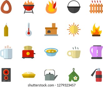 Color flat icon set cauldron flat vector, teapot, electric kettle, potholder, fire, induction cooker, toaster, temperature, barbecue, sausage, soup, pie, mustard, sun, bonfire, fireplace, radiator