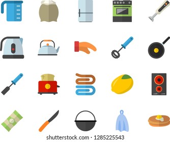Color flat icon set cauldron flat vector, teflon, meashuring cup, teapot, electric kettle, potholder, kitchen spatula, whisk, towel, knives, stove, induction cooker, toaster, blender, fridge, flour