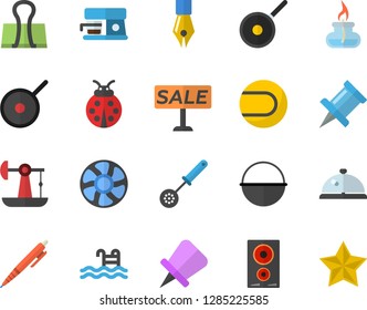 Color flat icon set cauldron flat vector, teflon, kitchen spoon, induction cooker, coffee machine, ladybird, ventilation, oil pumping, sell out, ink pen, gas burner, tennis ball, pool, jingle fector