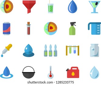 Color flat icon set cauldron flat vector, meashuring cup, temperature, lemonade, cocktail, soda, pulverizer, drop, canister, glass bottles, funnel, pipette, blood test, ampoule, beakers