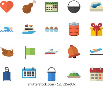 Color flat icon set cauldron flat vector, hiking pot, egg, canned food, chicken, pool, flag, calendar, present, heart, swimming, departure fector, luggage, cruise ship, yacht, mountains, bell