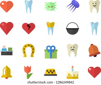 Color flat icon set cauldron flat vector, cake, horseshoe, tulip, present, heart, virus, tooth, caries, dental crowns, office worker, taxi fector, jellyfish, bell