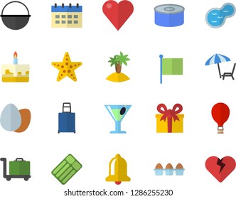 Color flat icon set cauldron flat vector, egg, canned food, cake, cocktail, pond, flag, present, heart, balloon fector, luggage, chaise lounge, island, starfish, trolley, inflatable mattress, bell
