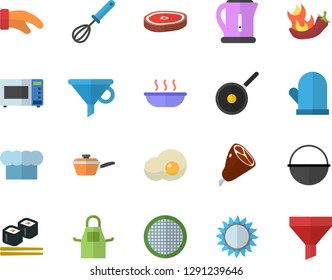 Color flat icon set cauldron flat vector, saute, teflon, electric kettle, cook hat, apron, potholder, whisk, gas, microwave, sieve, soup, ham, chop, hot peppers, fish rolls, scrambled eggs, funnel