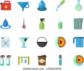 Color flat icon set cauldron flat vector, meashuring cup, temperature, cocktail, soda, coffe, pulverizer, drop, canister, funnel, pipette, ampoule, flask, beakers, core of the earth fector