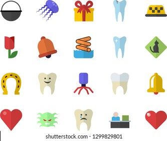 Color flat icon set cauldron flat vector, horseshoe, tulip, present, heart, virus, tooth, caries, dental crowns, office worker, aquapark fector, pets allowed, taxi, jellyfish, bell