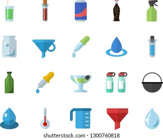 Color flat icon set cauldron flat vector, meashuring cup, temperature, lemonade, soda, pulverizer, drop, glass bottles, funnel, pipette, blood test, ampoule, beakers, cocktail fector