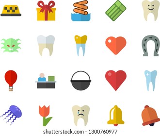 Color flat icon set cauldron flat vector, horseshoe, tulip, present, heart, virus, tooth, caries, dental crowns, office worker, balloon fector, aquapark, inflatable mattress, taxi, jellyfish, bell