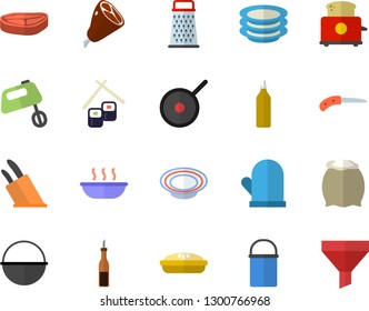 Color flat icon set cauldron flat vector, hiking pot, teflon, potholder, knives, toaster, mixer, flour, grater, plates, chop, sauce, dish, soup, pie, ham, fish rolls, mustard, knife, funnel