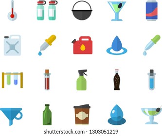 Color flat icon set cauldron flat vector, temperature, lemonade, cocktail, coffe, pulverizer, drop, canister, glass bottles, funnel, pipette, blood test, ampoule, beakers, vector