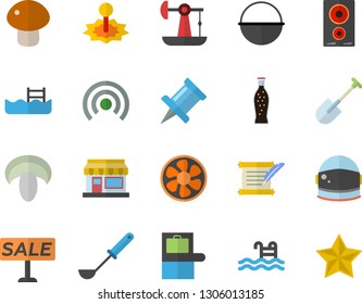 Color flat icon set cauldron flat vector, ladle, induction cooker, mushroom, lemonade, grain warehouse, shovel, ventilation, oil pumping, laser, sell out, hostory roll, astronaut helmet fector, pool