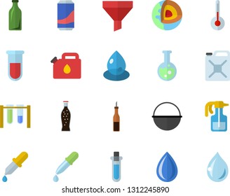 Color flat icon set cauldron flat vector, temperature, sauce, lemonade, pulverizer, drop, canister, glass bottles, funnel, pipette, blood test, flask, beakers, core of the earth fector