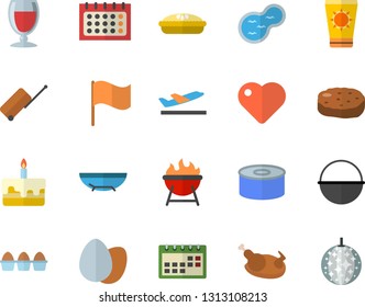 Color flat icon set cauldron flat vector, barbecue, egg, canned food, cake, pie, chicken, cutlet, wine, pond, flag, calendar, heart, luggage fector, departure, sea beach, sun protection cream