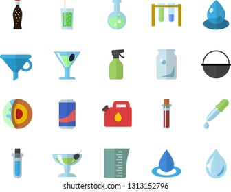 Color flat icon set cauldron flat vector, meashuring cup, lemonade, cocktail, soda, pulverizer, drop, canister, glass bottles, funnel, pipette, blood test, flask, beakers, core of the earth fector