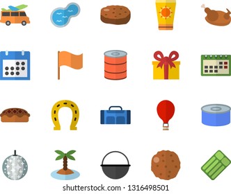 Color flat icon set cauldron flat vector, canned food, pie, chicken, cutlet, horseshoe, pond, flag, present, calendar, sport bag, balloon fector, sun protection cream, island, disco ball, transfer