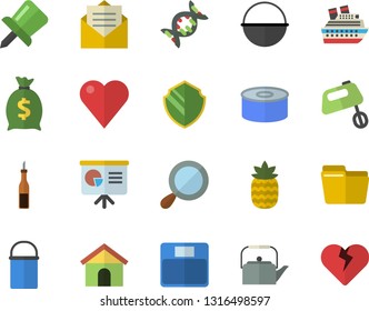 Color flat icon set cauldron flat vector, hiking pot, teapot, mixer, sauce, canned food, pineapple, wealth, heart, drawing pin, computer file, presentaition board, dna, weighing machine, cruise ship