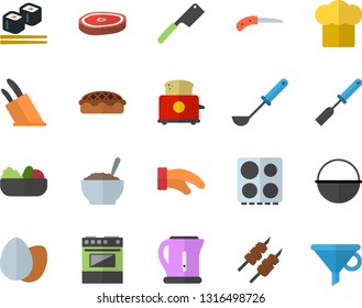 Color flat icon set cauldron flat vector, electric kettle, cook hat, potholder, ladle, kitchen spatula, knives, stove, toaster, egg, salad, porridge, pie, chop, shashlik, fish rolls, knife, funnel