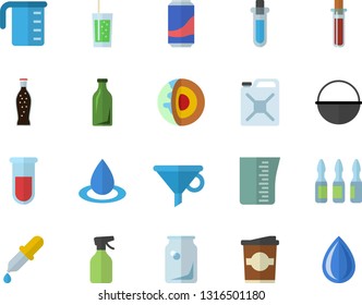 Color flat icon set cauldron flat vector, meashuring cup, lemonade, soda, coffe, pulverizer, drop, canister, glass bottles, funnel, pipette, blood test, ampoule, beakers, core of the earth fector