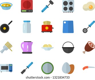 Color flat icon set cauldron flat vector, teflon, weighing machine, electric kettle, kitchen spatula, spoon, meat hammer, cutting board, stove, microwave, toaster, glass jar, sieve, egg, soup, ham