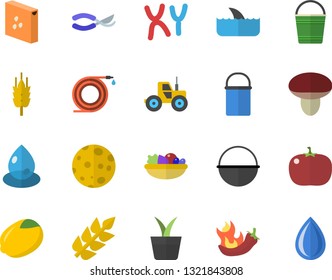 Color flat icon set cauldron flat vector, hiking pot, groats, lemon, salad, hot peppers, tomato, mushroom, ear, home plant, tractor, hose, secateurs, bucketful, drop, chromosomes, moon, shark fector