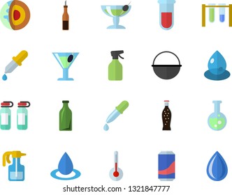 Color flat icon set cauldron flat vector, temperature, sauce, lemonade, cocktail, pulverizer, drop, glass bottles, pipette, blood test, ampoule, flask, beakers, core of the earth fector