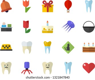 Color flat icon set cauldron flat vector, cake, tulip, present, virus, tooth, caries, dental crowns, office worker, balloon fector, pets allowed, taxi, jellyfish, bell, heart