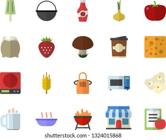 Color flat icon set cauldron flat vector, weighing machine, apron, microwave, barbecue, flour, tomato, onion, cheese, soup, popcorn, ice cream, coffe, Strawberry, ketchup, mushroom, ear, store front