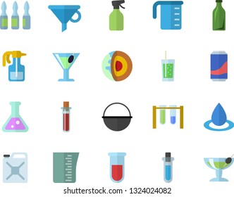 Color flat icon set cauldron flat vector, meashuring cup, lemonade, cocktail, soda, pulverizer, drop, canister, glass bottles, funnel, blood test, ampoule, flask, beakers, core of the earth fector