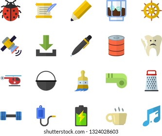Color flat icon set cauldron flat vector, grater, canned food, whiskey, ladybird, paint brush, battery, medical warmer, helicopter, broken tooth, coffee, pen, pencil, satellit, hostory roll, whistle