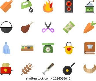 Color flat icon set cauldron flat vector, teflon, weighing machine, apron, towel, scissors, cutting board, coffee grinder, fire, induction cooker, toaster, mixer, cookbook, blender, spice, spaghetti