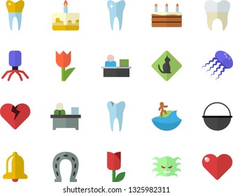 Color flat icon set cauldron flat vector, cake, horseshoe, tulip, virus, tooth, caries, dental crowns, office worker, surfing fector, pets allowed, jellyfish, bell, heart