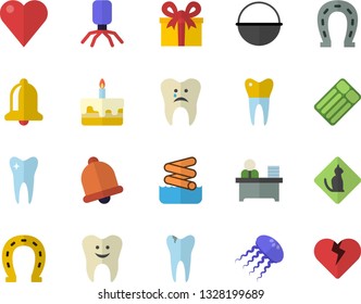 Color flat icon set cauldron flat vector, cake, horseshoe, present, heart, virus, tooth, caries, dental crowns, office worker, aquapark fector, pets allowed, inflatable mattress, jellyfish, bell