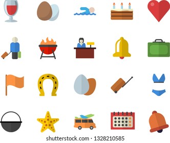 Color flat icon set cauldron flat vector, barbecue, egg, cake, wine, horseshoe, flag, calendar, heart, swimsuit, swimming, luggage fector, suitcase, starfish, transfer, reception desk, bell