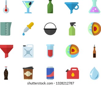 Color flat icon set cauldron flat vector, meashuring cup, temperature, sauce, lemonade, cocktail, coffe, pulverizer, canister, glass bottles, funnel, pipette, blood test, flask, drop