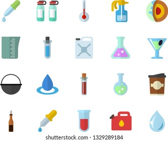 Color flat icon set cauldron flat vector, meashuring cup, temperature, sauce, cocktail, coffe, pulverizer, drop, canister, pipette, blood test, ampoule, flask, beakers, core of the earth fector