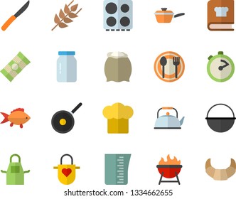 Color flat icon set cauldron flat vector, saute, teflon, meashuring cup, teapot, cook hat, apron, stopwatch, knives, electric stove, cookbook, barbecue, flour, glass jar, table setting, spaghetti