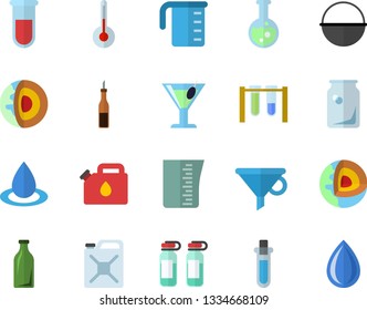 Color flat icon set cauldron flat vector, meashuring cup, temperature, sauce, cocktail, drop, canister, glass bottles, funnel, blood test, ampoule, flask, beakers, core of the earth fector